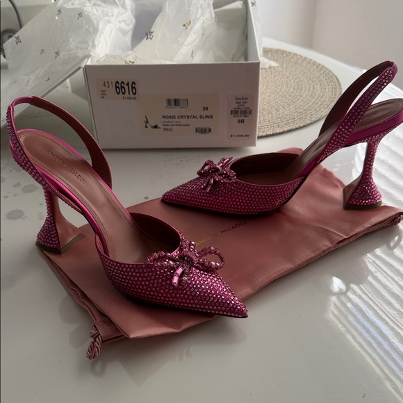 Amina Muaddi Shoes - Amina Muaddi Fuchsia Crystal Slingback Pumps with Bow